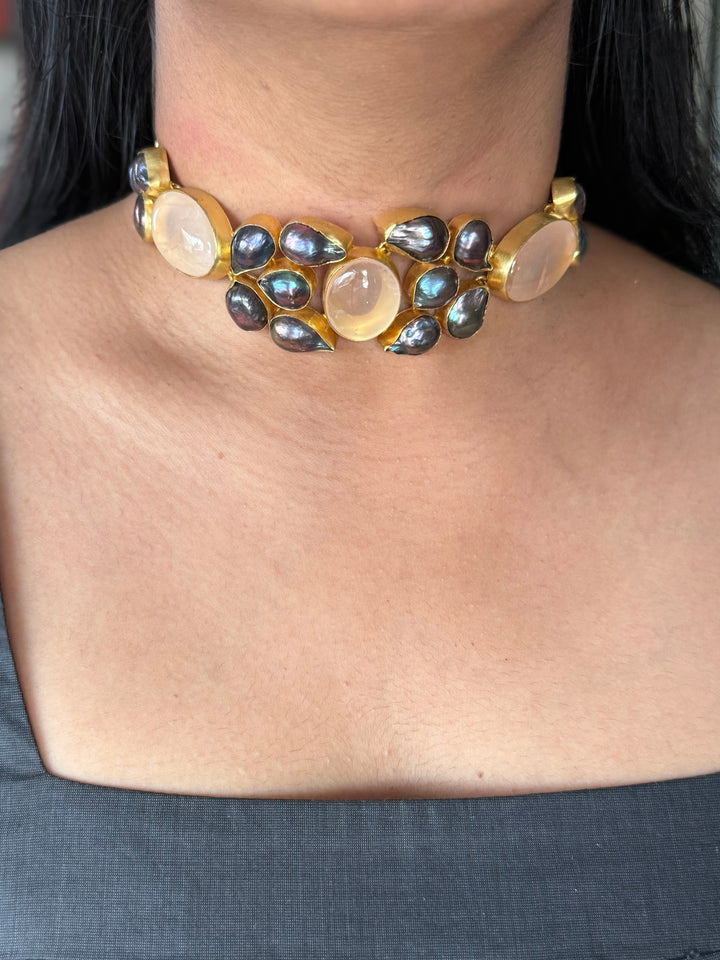 Pink Quartz and Black Baroque Pearl Choker Necklace