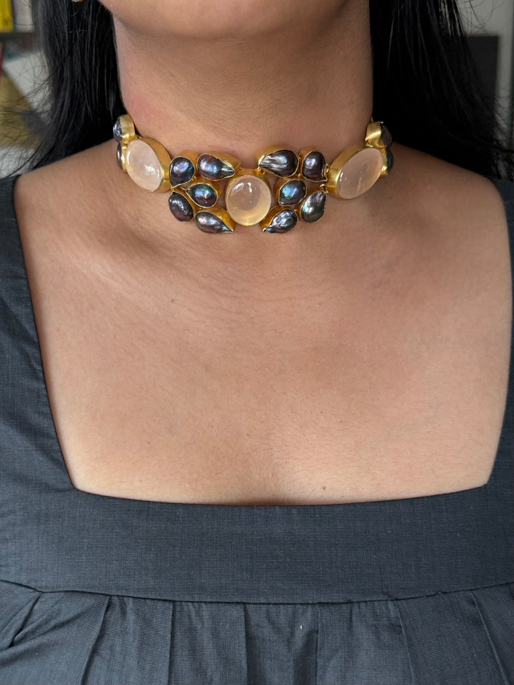 Pink Quartz and Black Baroque Pearl Choker Necklace