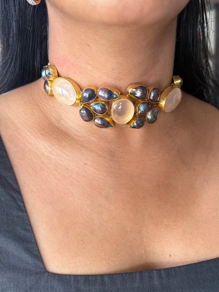 Pink Quartz and Black Baroque Pearl Choker Necklace