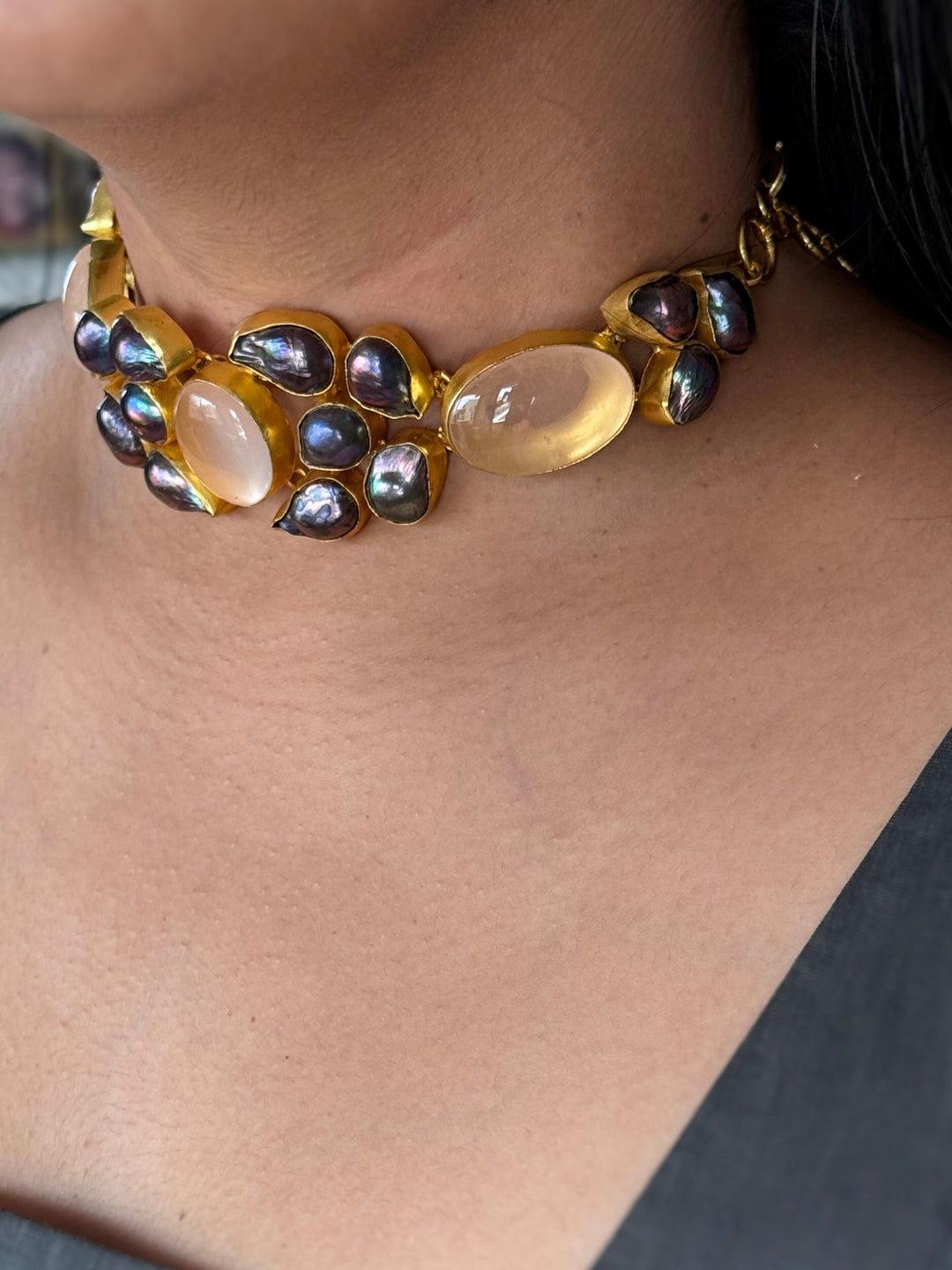 Pink Quartz and Black Baroque Pearl Choker Necklace