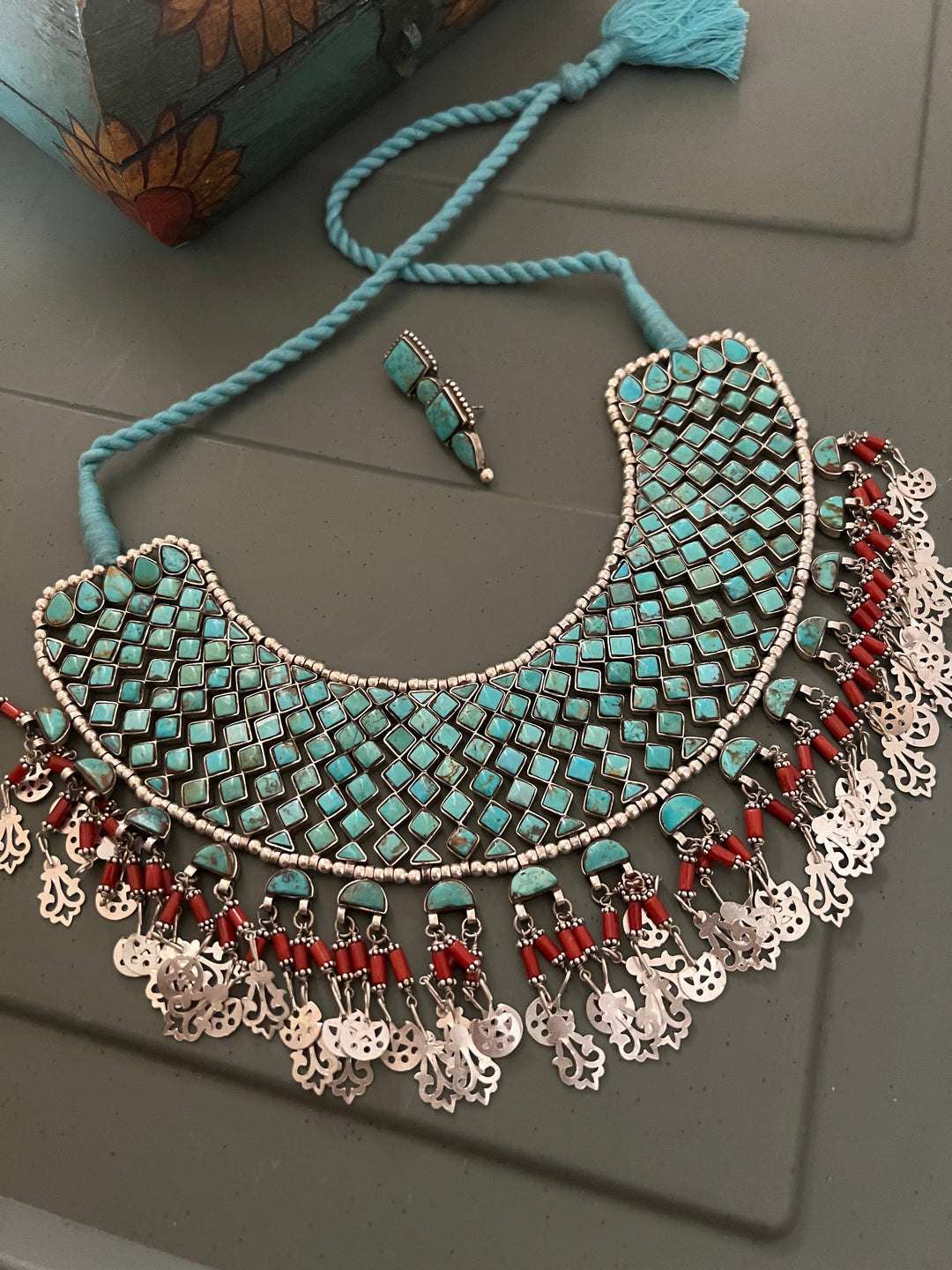 The Turquoise Sultan's Cascade | Tasseled 925 Silver Choker Set