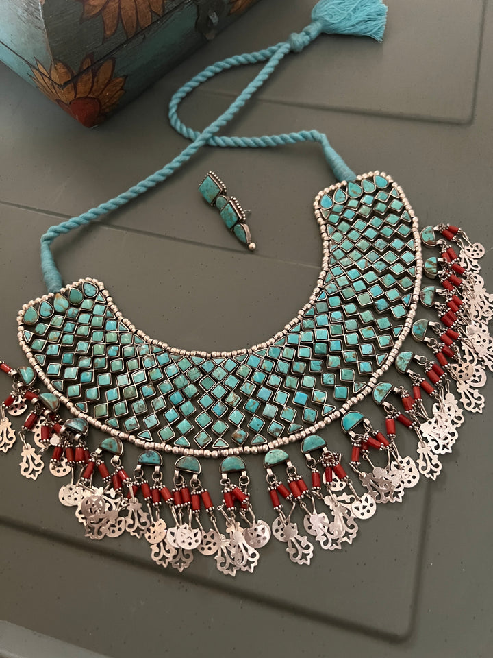 The Turquoise Sultan's Cascade | Tasseled 925 Silver Choker Set