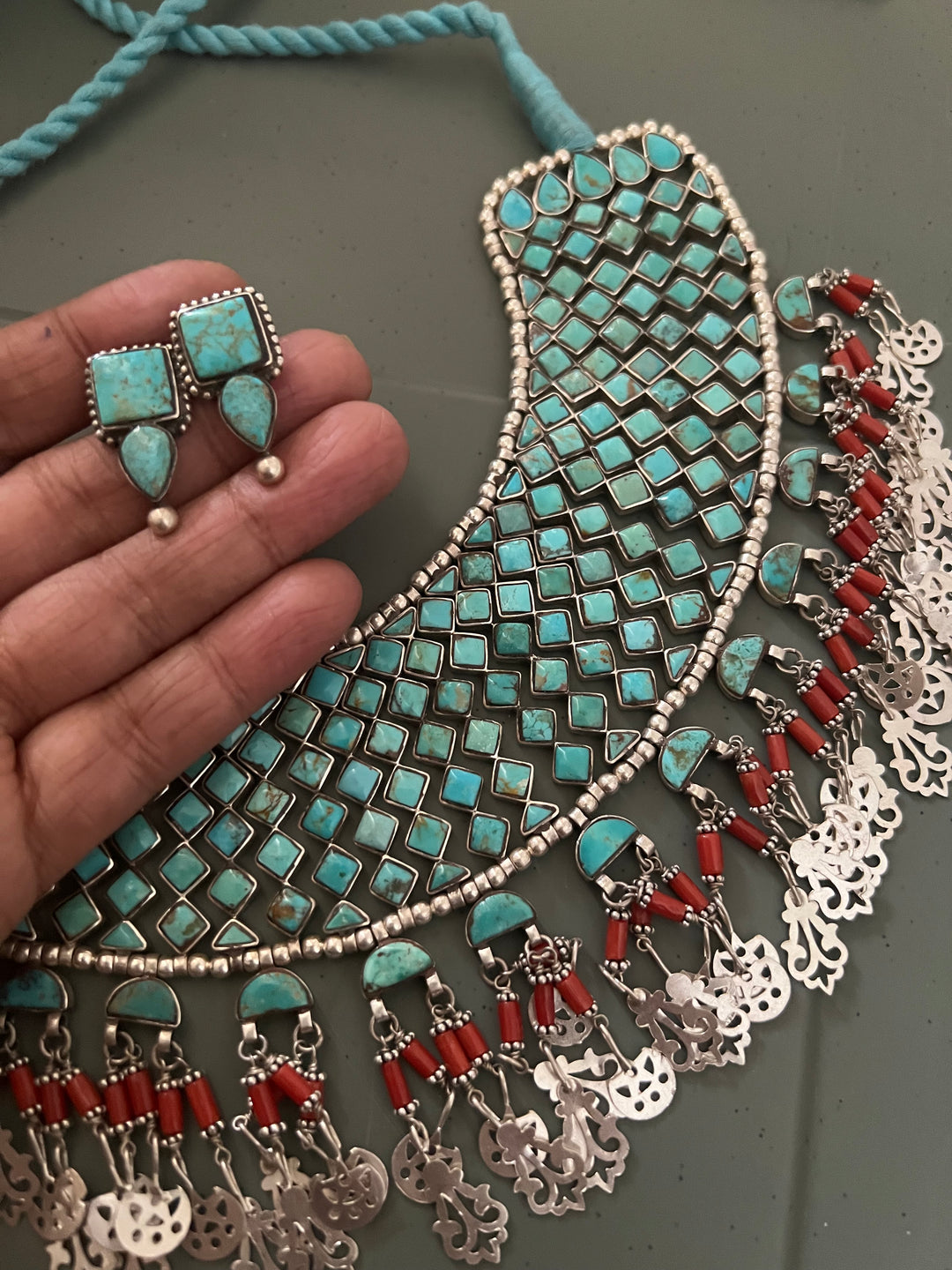 The Turquoise Sultan's Cascade | Tasseled 925 Silver Choker Set