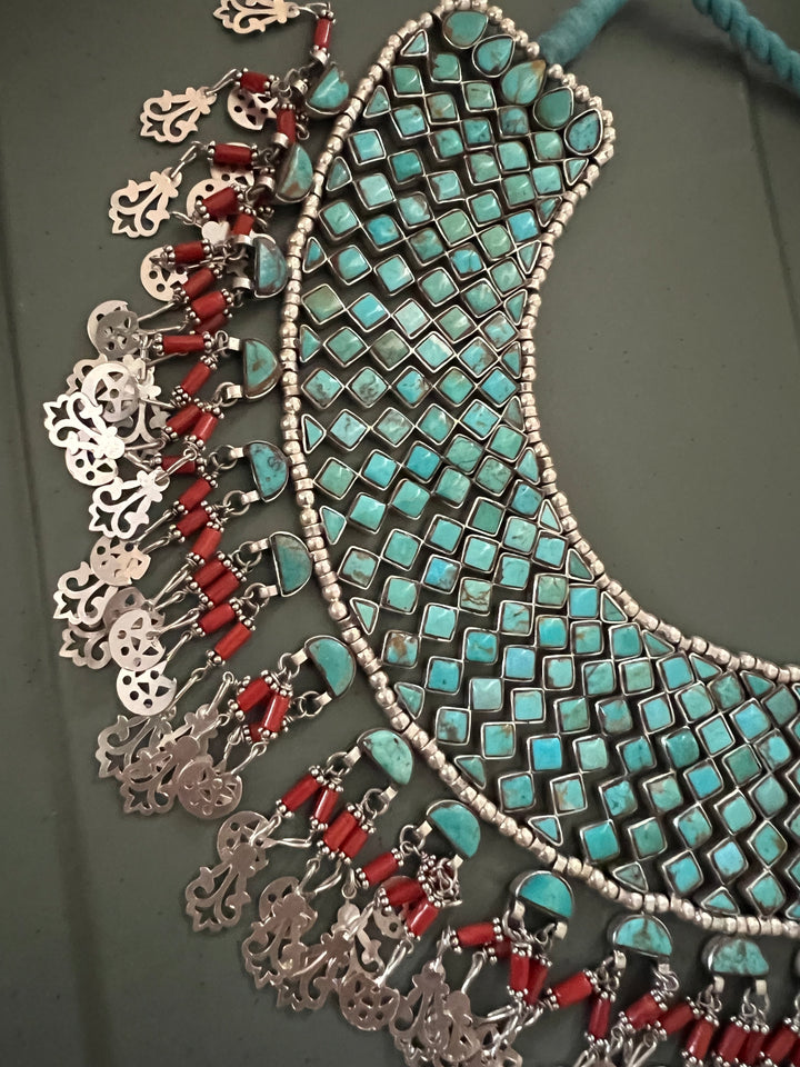 The Turquoise Sultan's Cascade | Tasseled 925 Silver Choker Set