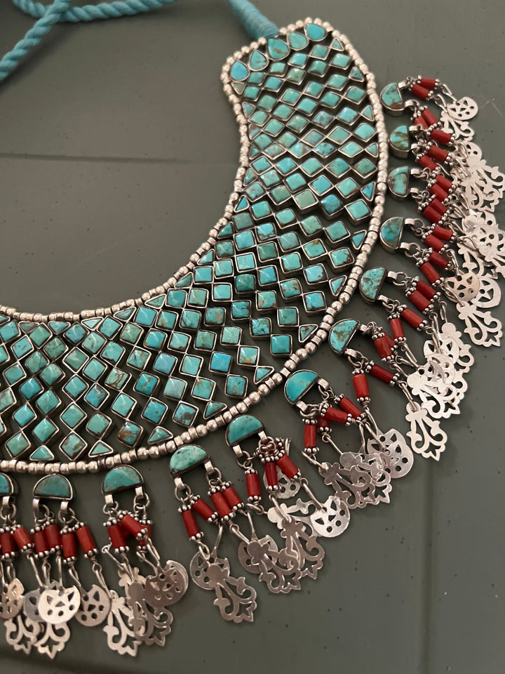 The Turquoise Sultan's Cascade | Tasseled 925 Silver Choker Set