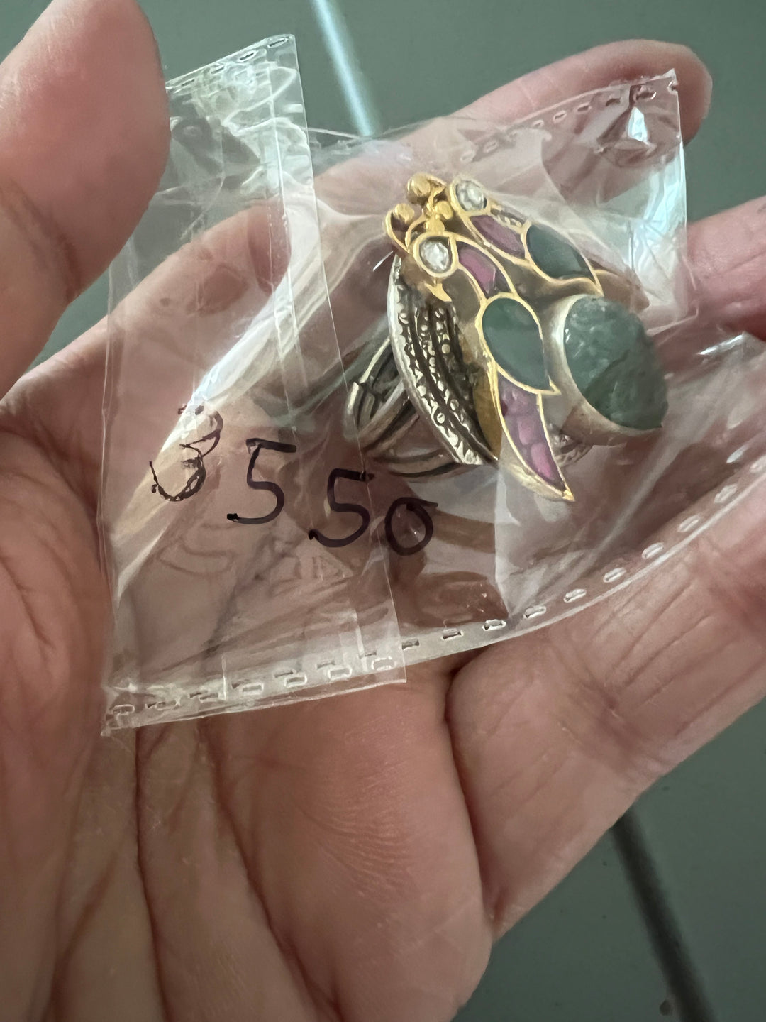 Statement Kundan 925 Silver Ring with Natural Carved Stone- Handmade, One of a Kind