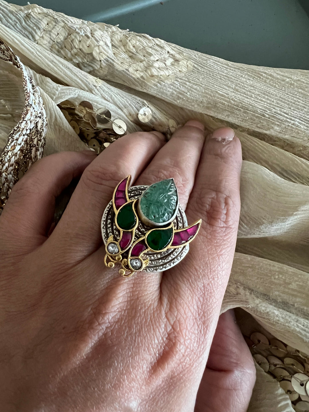 Statement Kundan 925 Silver Ring with Natural Carved Stone- Handmade, One of a Kind