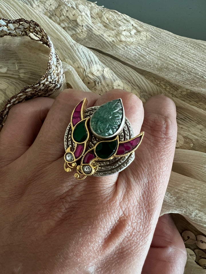 Statement Kundan 925 Silver Ring with Natural Carved Stone- Handmade, One of a Kind