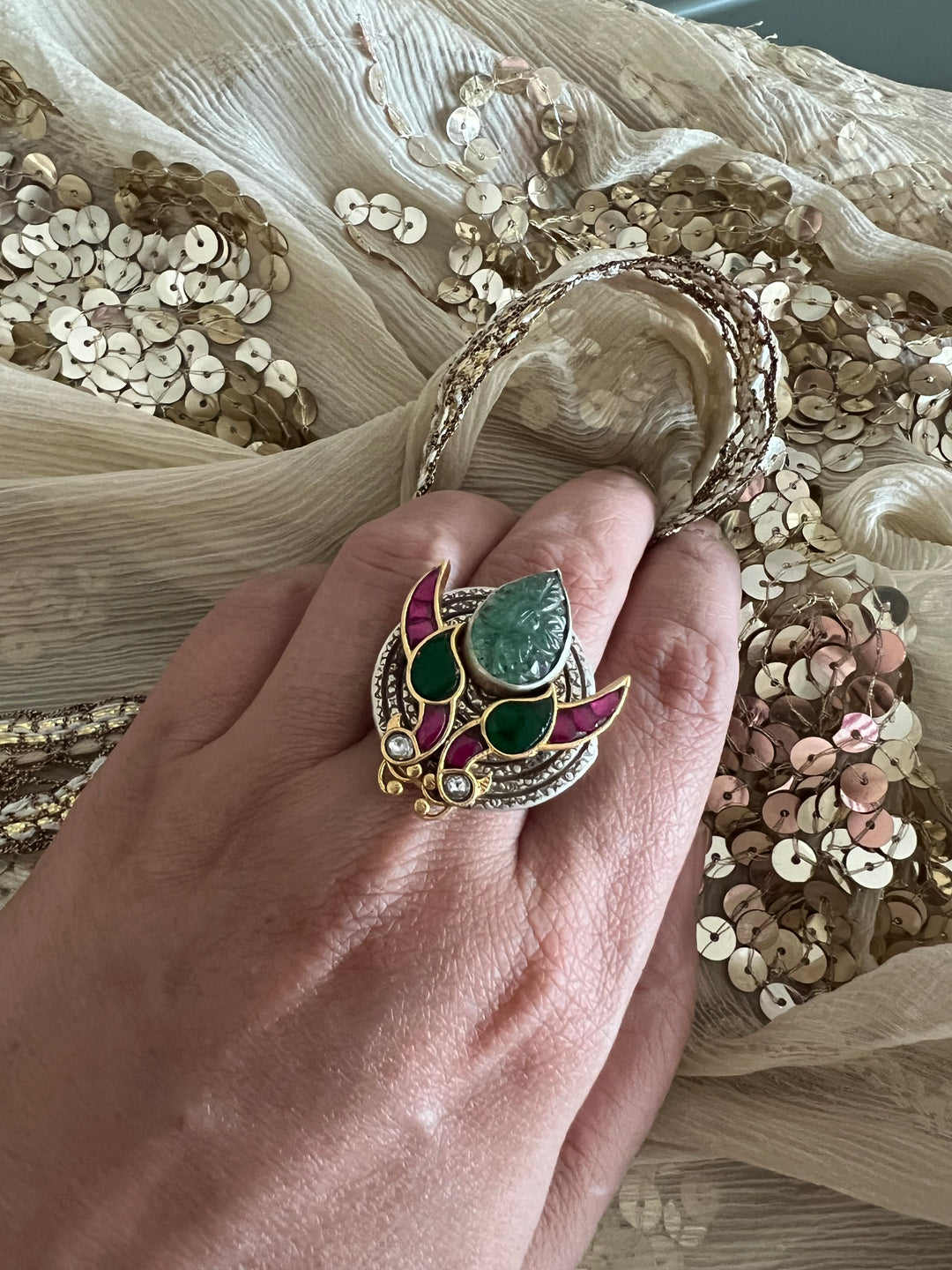 Statement Kundan 925 Silver Ring with Natural Carved Stone- Handmade, One of a Kind