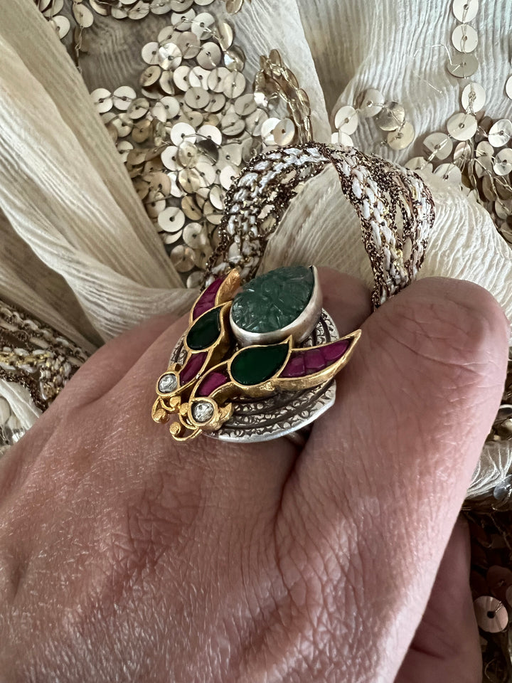 Statement Kundan 925 Silver Ring with Natural Carved Stone- Handmade, One of a Kind