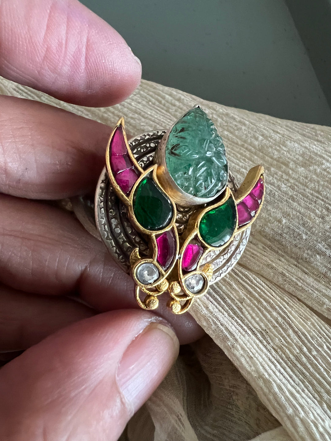 Statement Kundan 925 Silver Ring with Natural Carved Stone- Handmade, One of a Kind