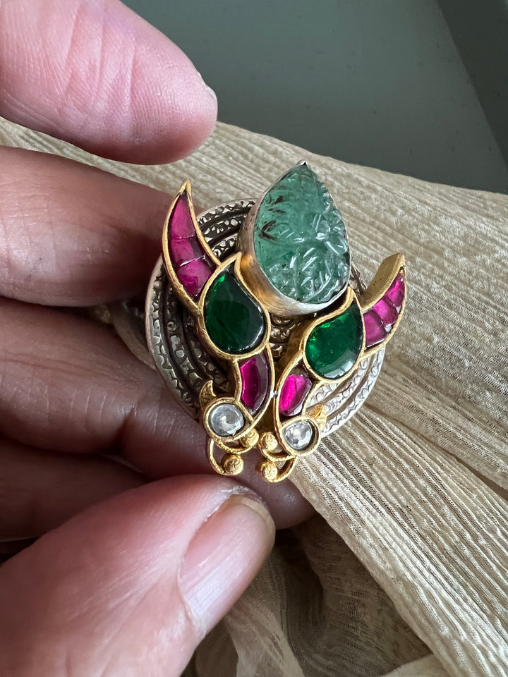 Statement Kundan 925 Silver Ring with Natural Carved Stone- Handmade, One of a Kind