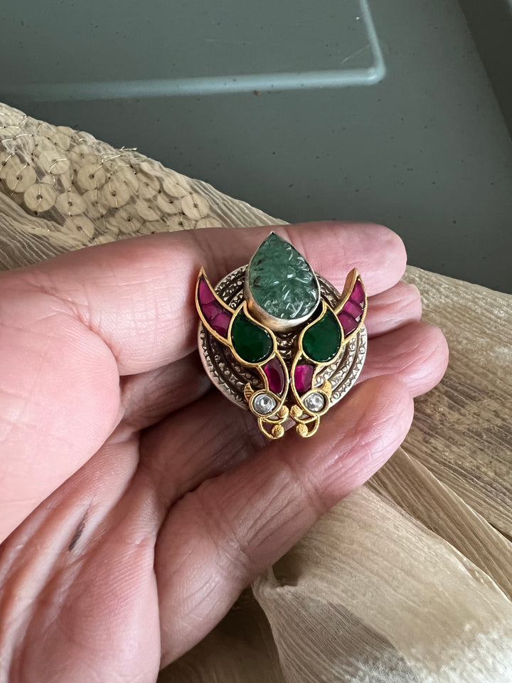 Statement Kundan 925 Silver Ring with Natural Carved Stone- Handmade, One of a Kind