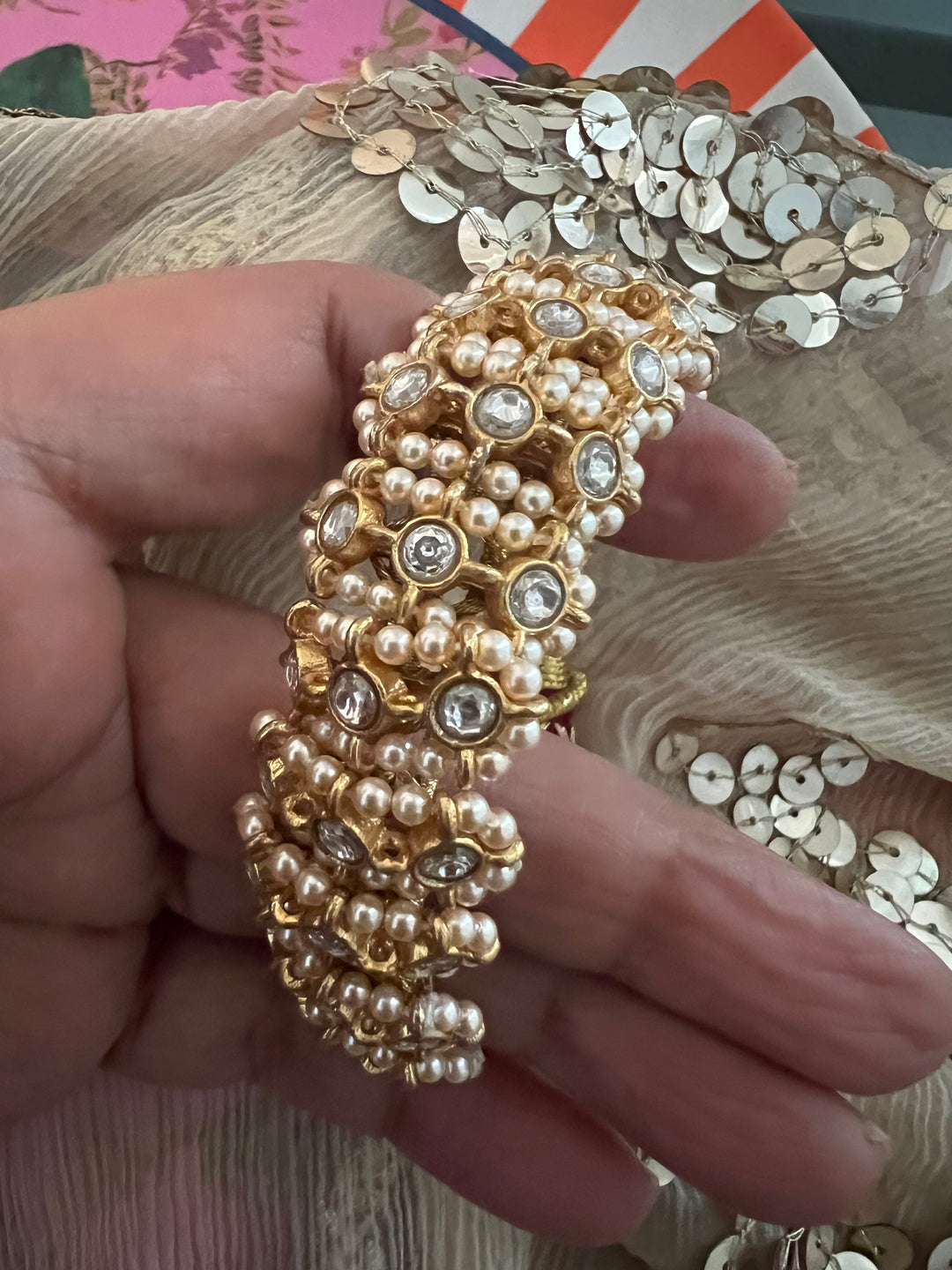 Kundan Pearl Silver Bracelet – SHIVKA