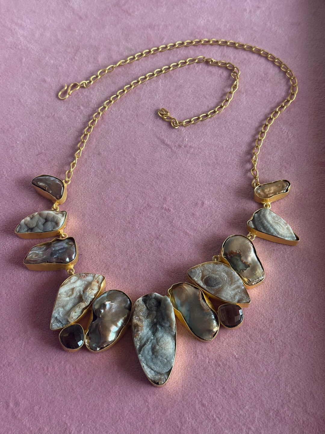 Handmade Raw Stone Necklace | Gold Polish Brass Adjustable Hook Closure Statement Jewelry
