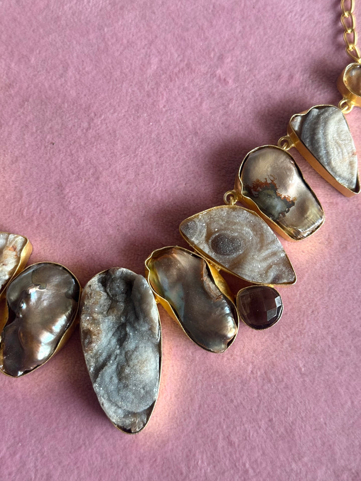 Handmade Raw Stone Necklace | Gold Polish Brass Adjustable Hook Closure Statement Jewelry