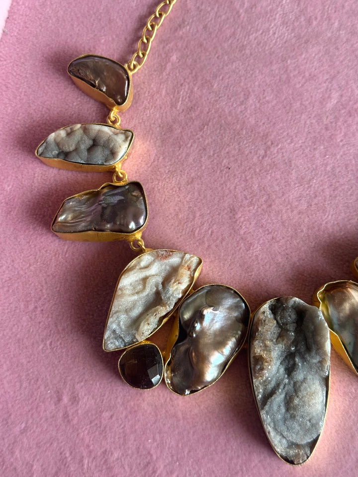 Handmade Raw Stone Necklace | Gold Polish Brass Adjustable Hook Closure Statement Jewelry