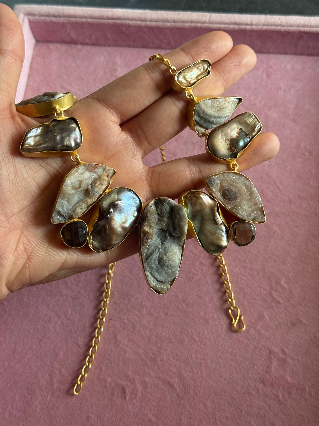 Handmade Raw Stone Necklace | Gold Polish Brass Adjustable Hook Closure Statement Jewelry