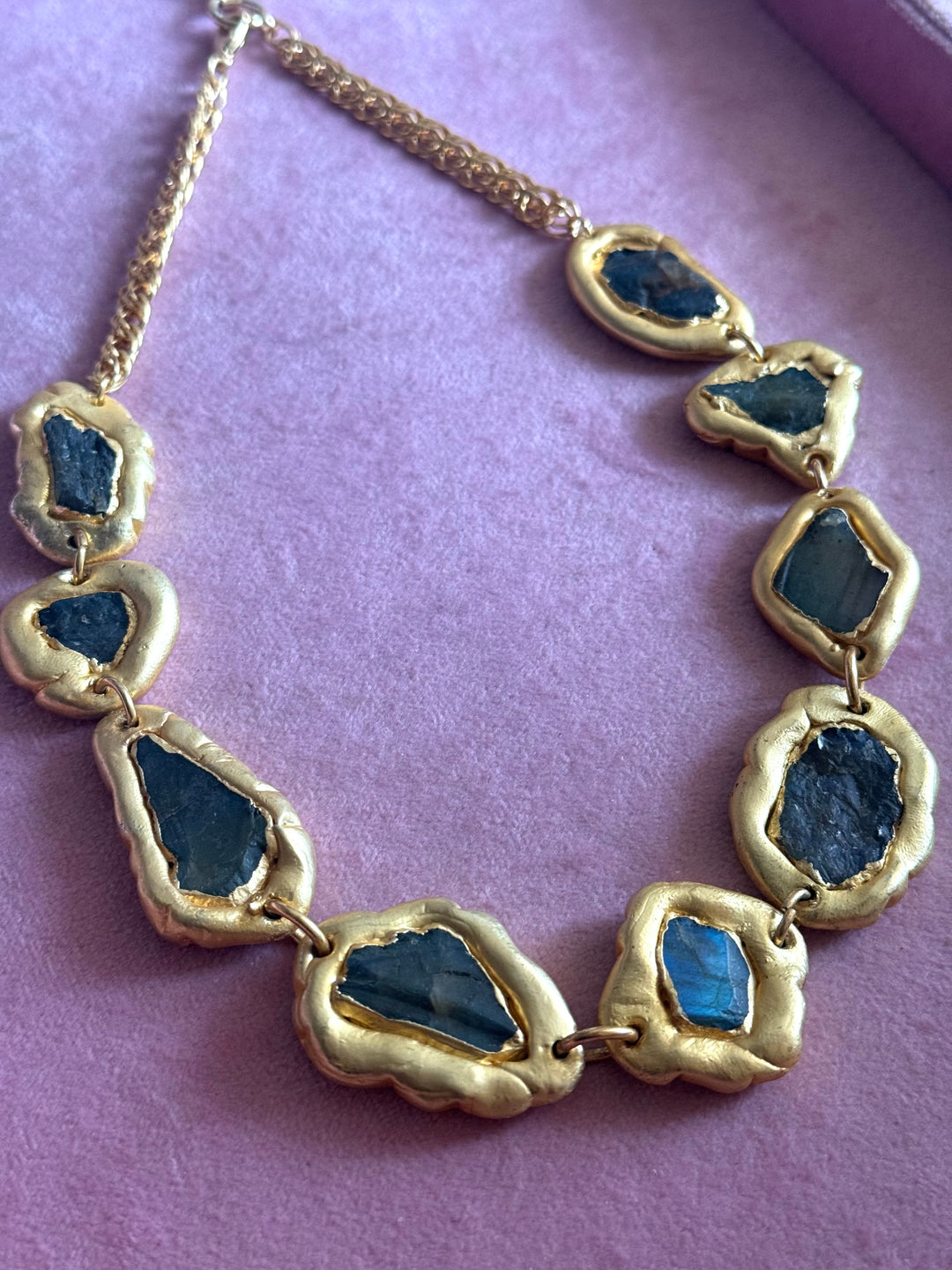Handmade Raw Labradorite Gold Embedded Necklace | Adjustable Lobster Claw Brass Statement Jewelry