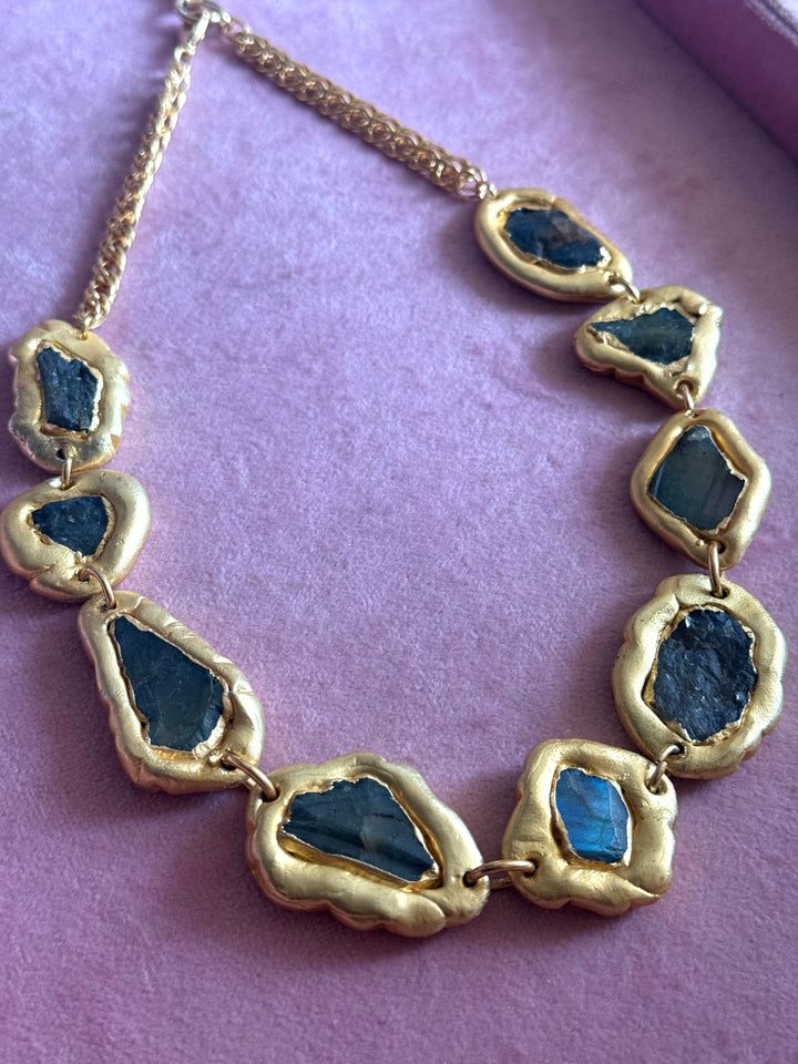 Handmade Raw Labradorite Gold Embedded Necklace | Adjustable Lobster Claw Brass Statement Jewelry