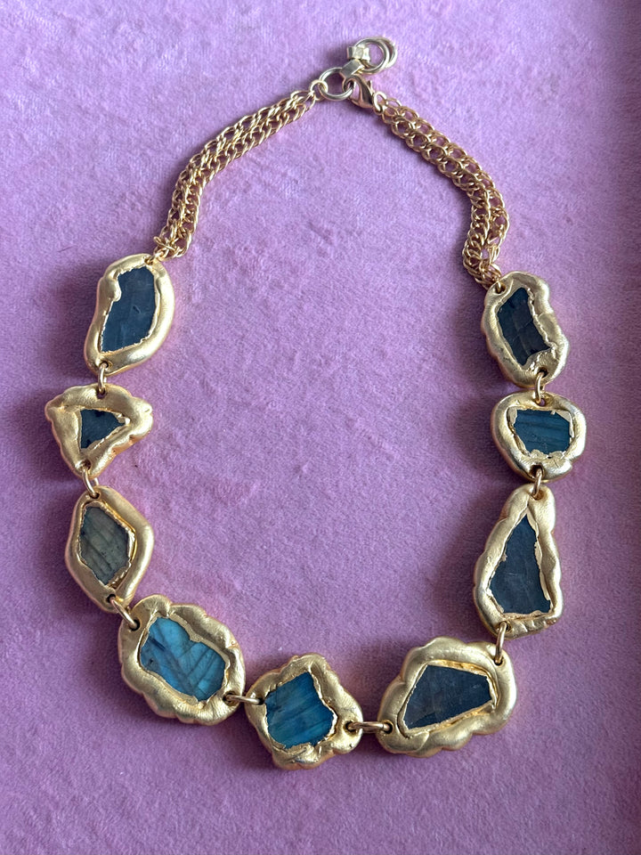 Handmade Raw Labradorite Gold Embedded Necklace | Adjustable Lobster Claw Brass Statement Jewelry