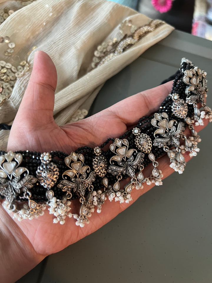 Exclusive Black 925 Silver Choker Necklace with Stunning Silver Embellishments