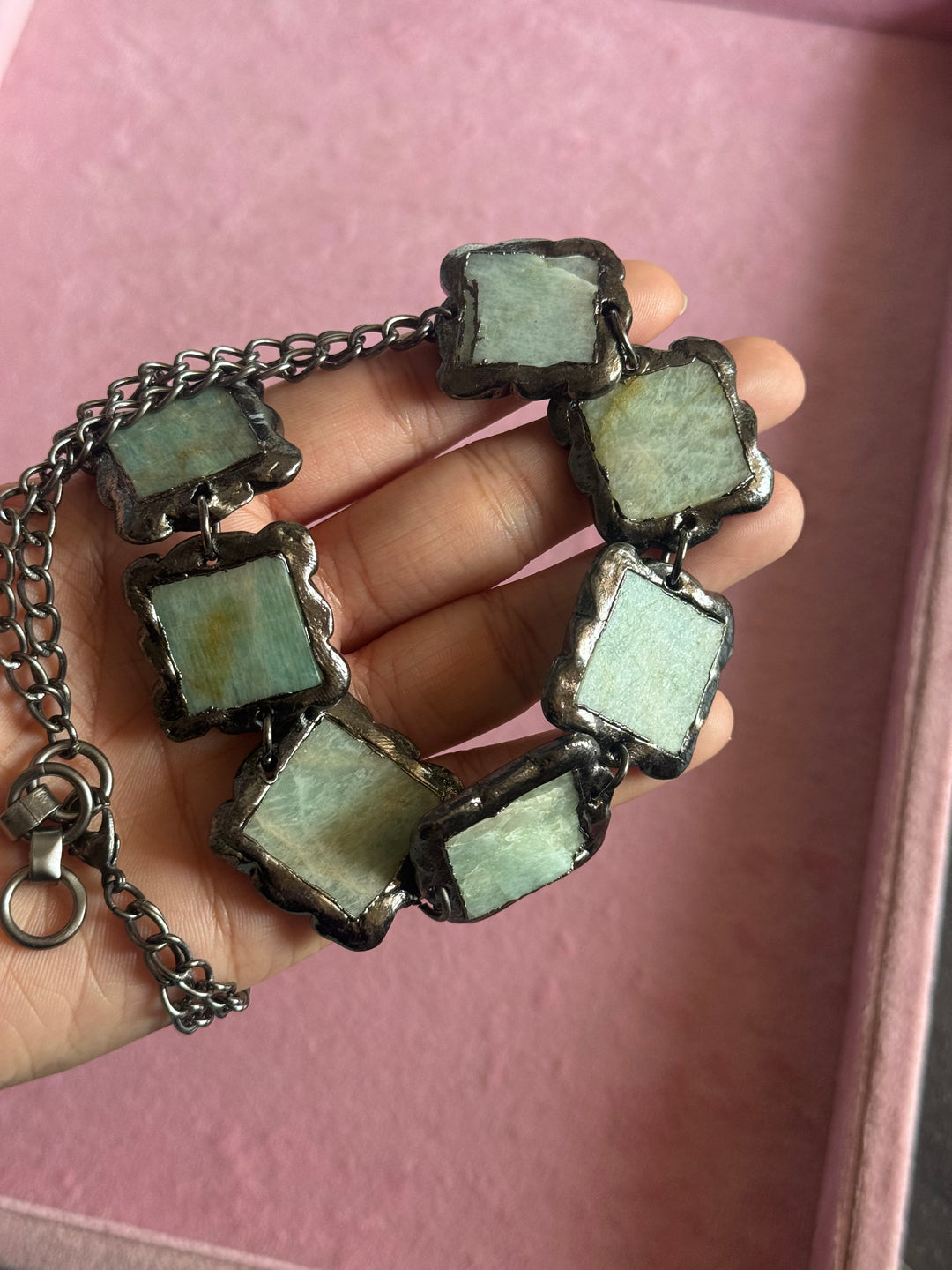 Handmade Raw Amazonite Rhodium Plated Necklace | Adjustable Lobster Claw Brass Statement Jewelry