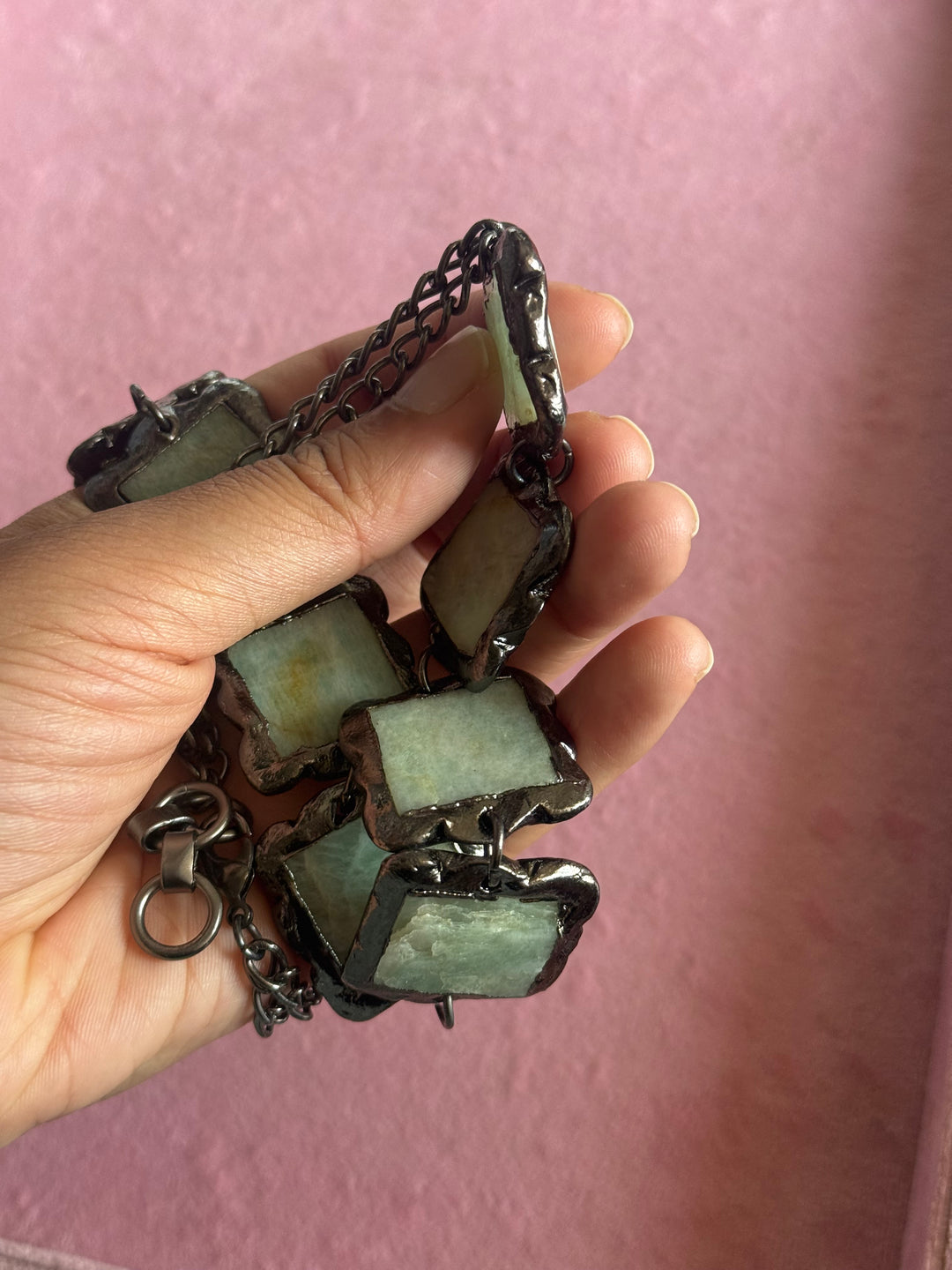 Handmade Raw Amazonite Rhodium Plated Necklace | Adjustable Lobster Claw Brass Statement Jewelry