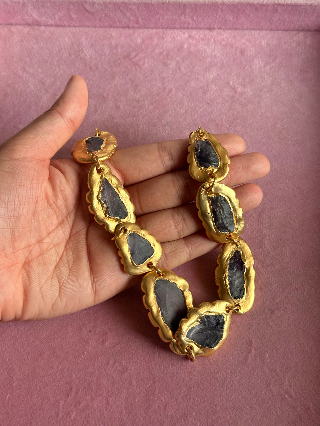 Handmade Raw Amethyst Gold Embedded Necklace | Adjustable Lobster Claw Brass Statement Jewelry