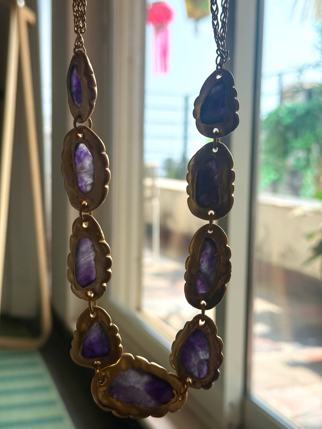 Handmade Raw Amethyst Gold Embedded Necklace | Adjustable Lobster Claw Brass Statement Jewelry