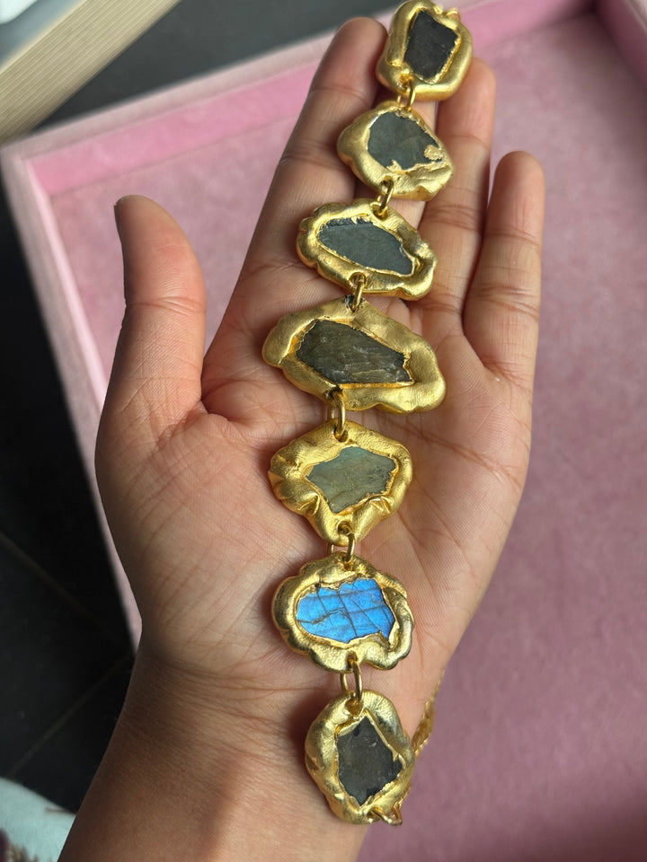 Handmade Raw Labradorite Gold Embedded Necklace | Adjustable Lobster Claw Brass Statement Jewelry