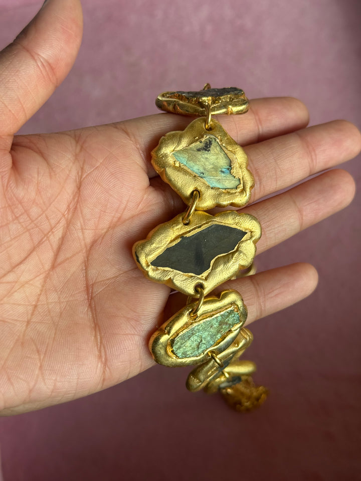 Handmade Raw Labradorite Gold Embedded Necklace | Adjustable Lobster Claw Brass Statement Jewelry