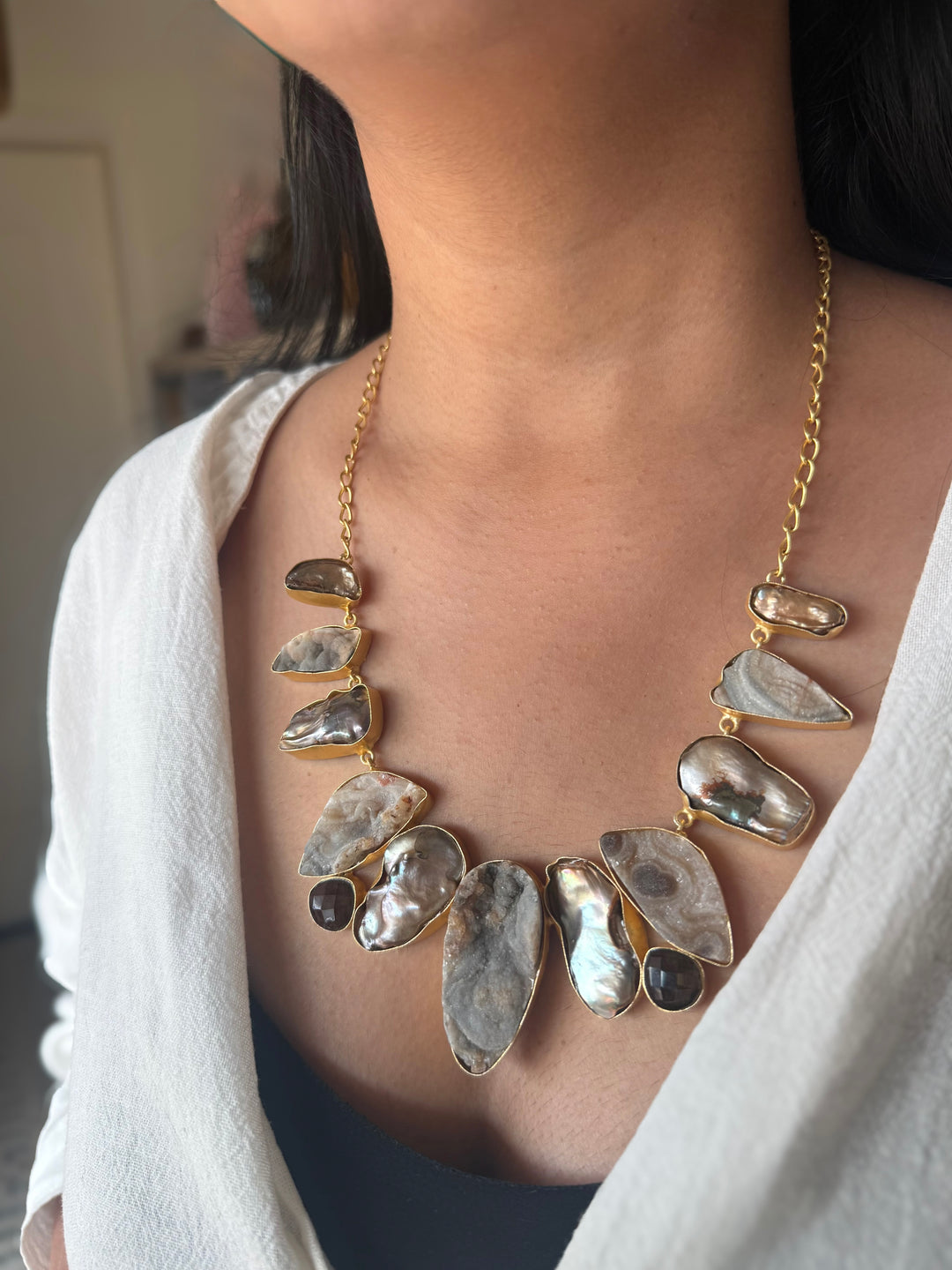 Handmade Raw Stone Necklace | Gold Polish Brass Adjustable Hook Closure Statement Jewelry
