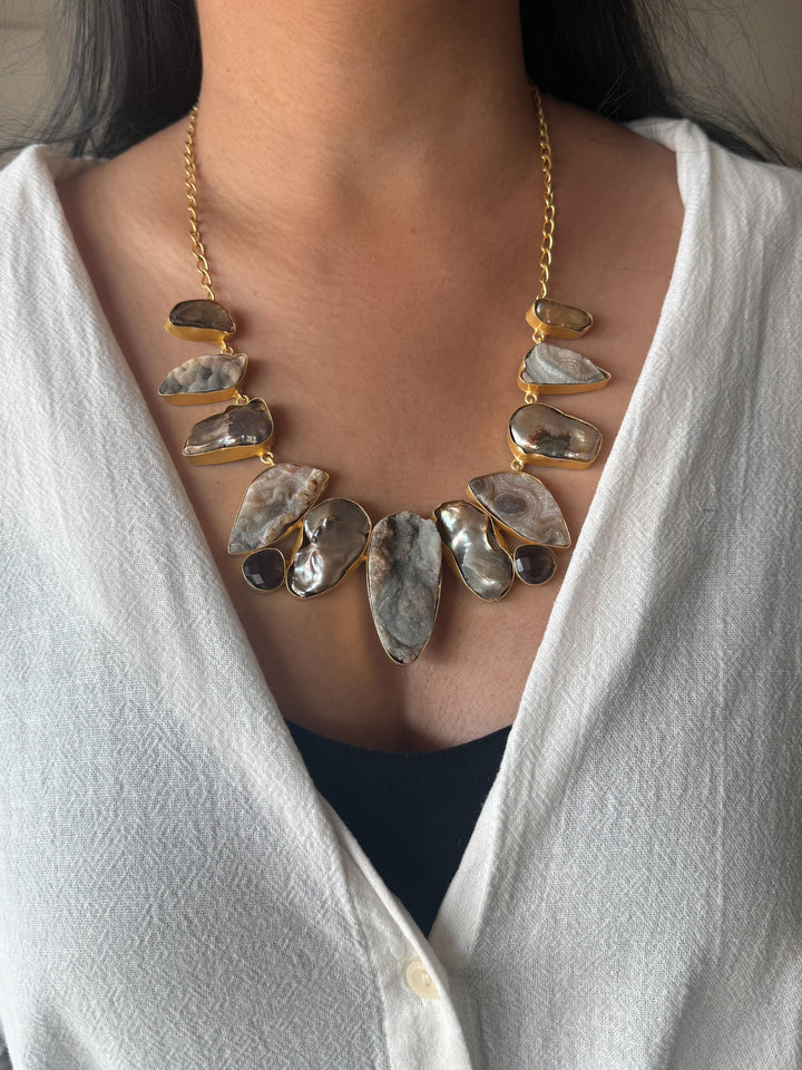 Handmade Raw Stone Necklace | Gold Polish Brass Adjustable Hook Closure Statement Jewelry