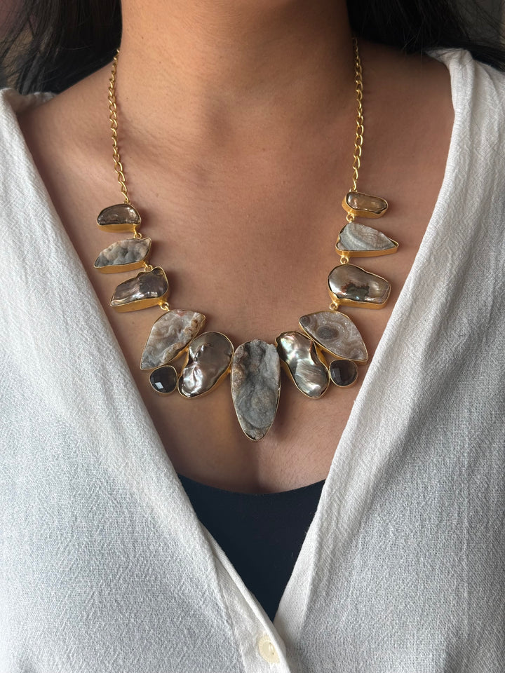 Handmade Raw Stone Necklace | Gold Polish Brass Adjustable Hook Closure Statement Jewelry