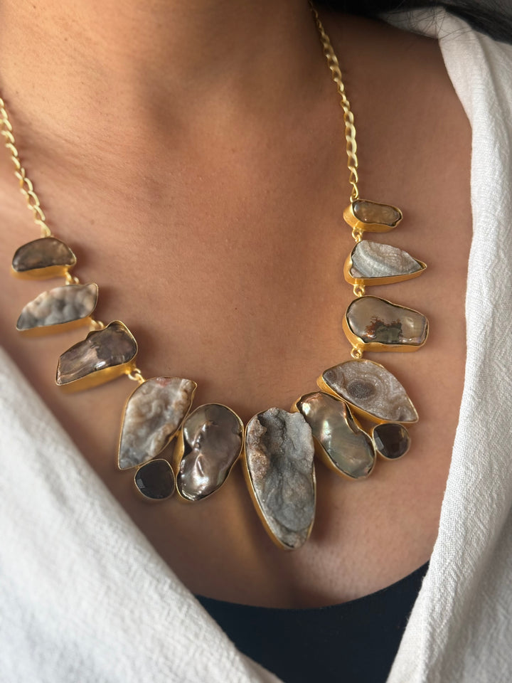 Handmade Raw Stone Necklace | Gold Polish Brass Adjustable Hook Closure Statement Jewelry