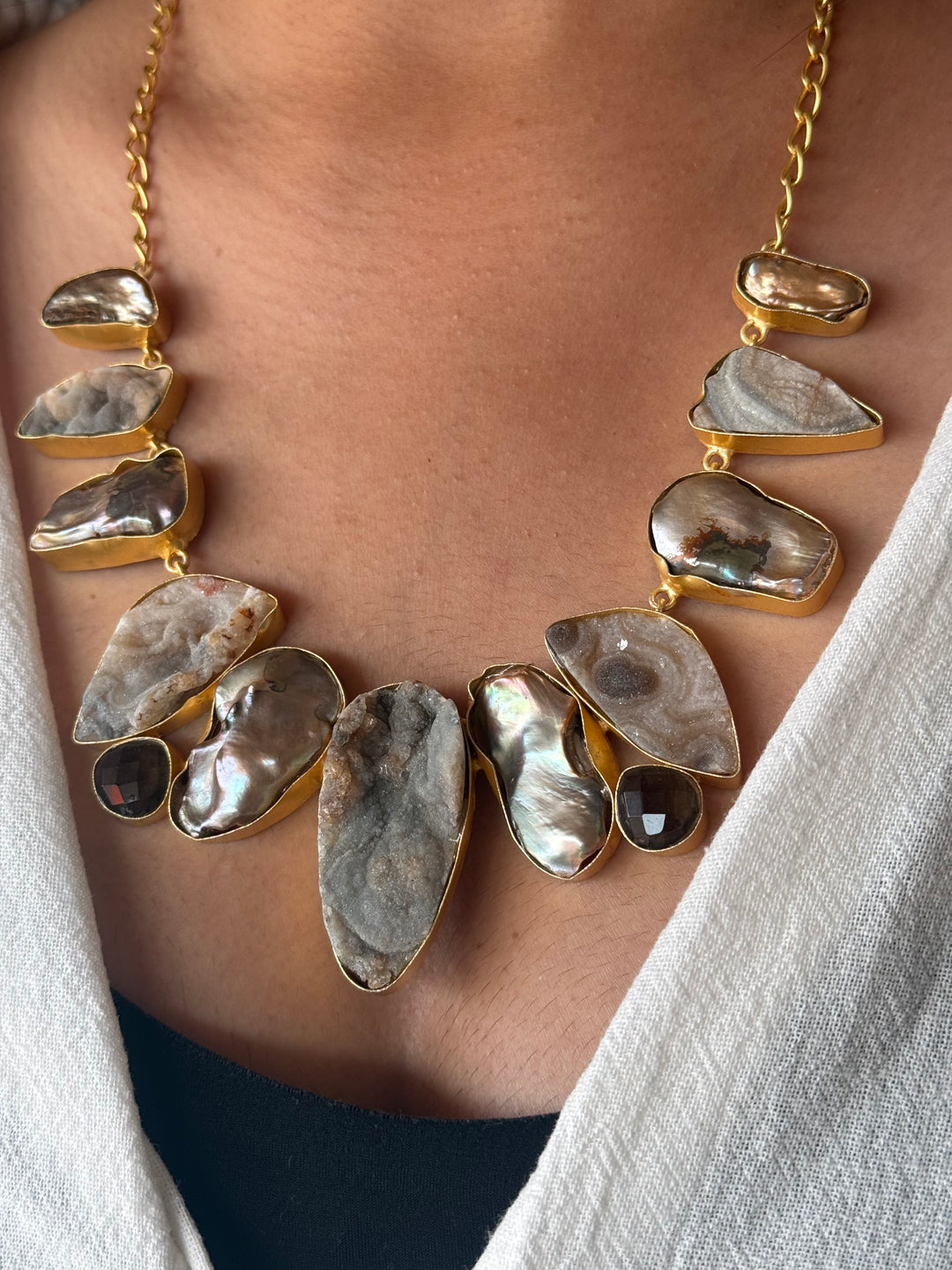Handmade Raw Stone Necklace | Gold Polish Brass Adjustable Hook Closure Statement Jewelry