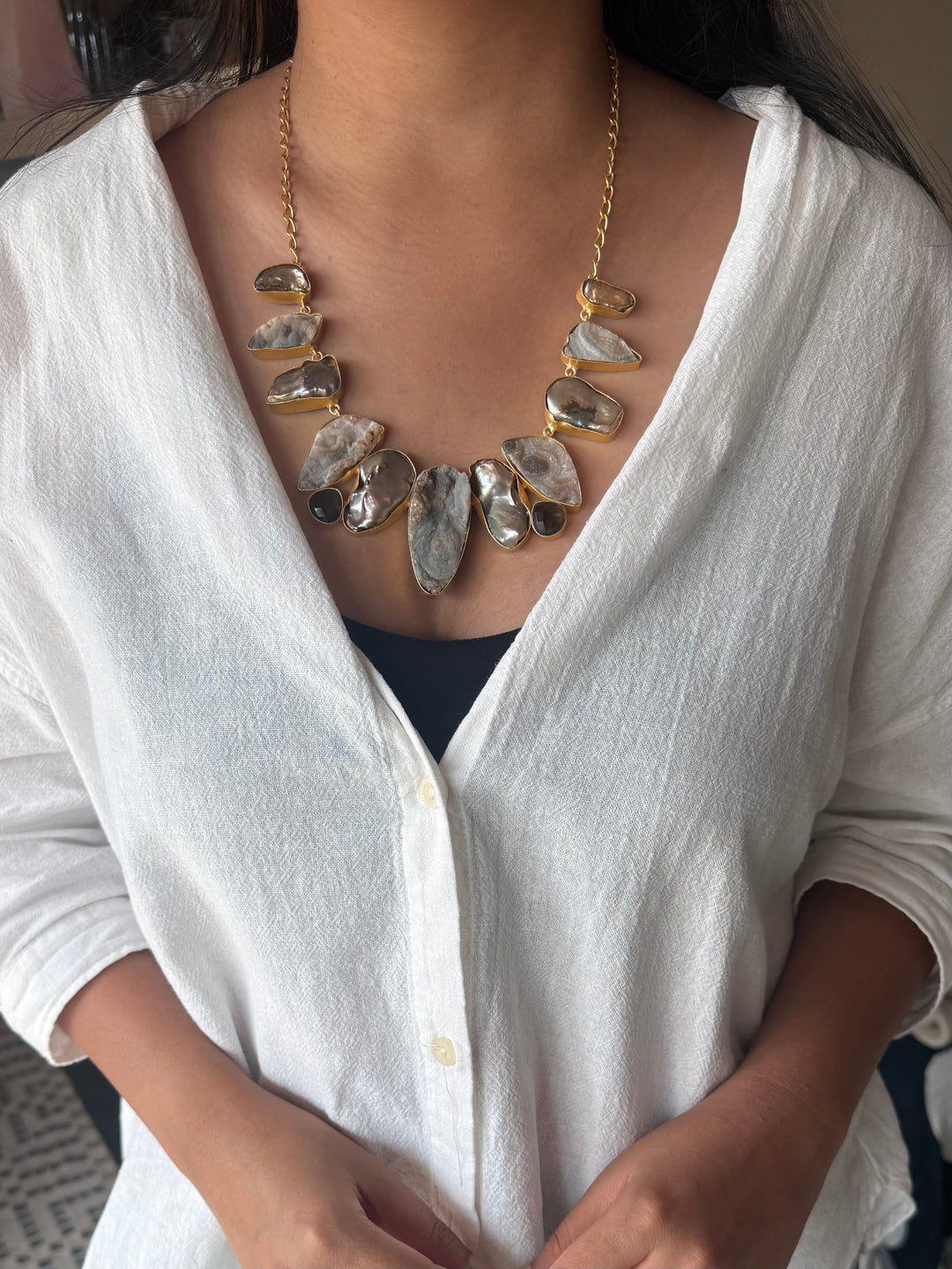 Handmade Raw Stone Necklace | Gold Polish Brass Adjustable Hook Closure Statement Jewelry