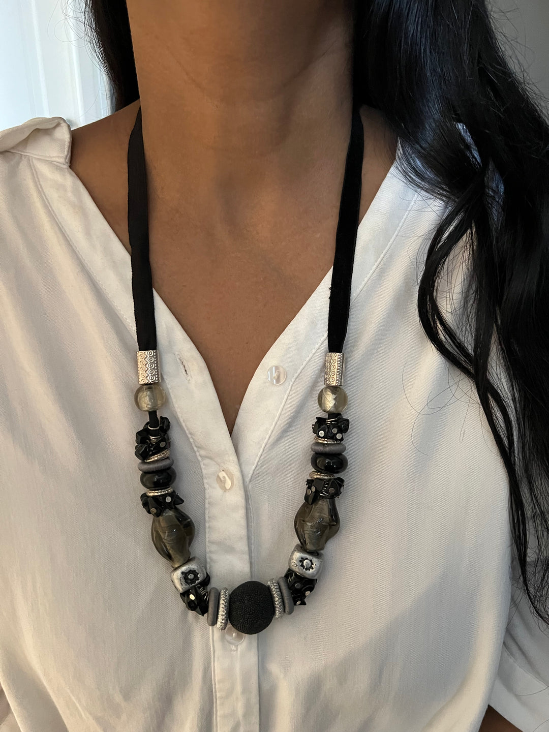 Black and Silver Beaded Necklace with Studs