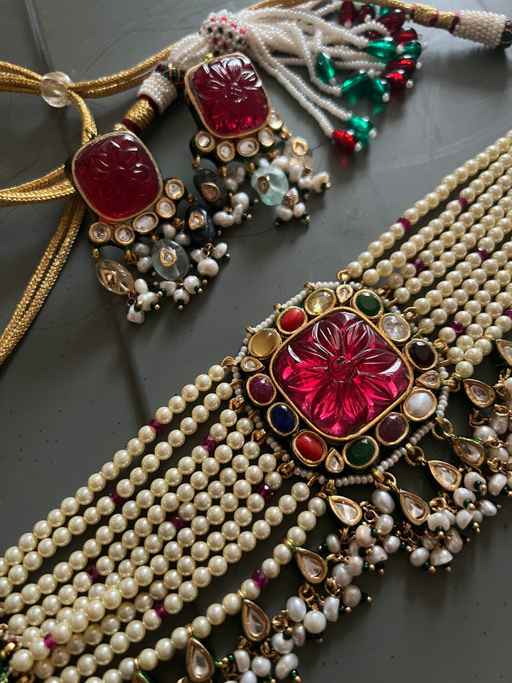 Navratna Pearl Kundan Choker Set – SHIVKA