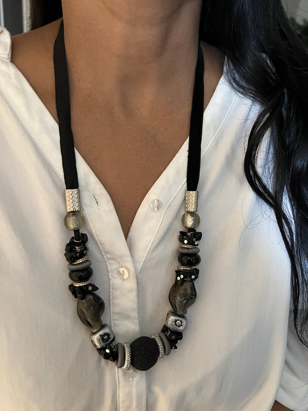 Black and Silver Beaded Necklace with Studs