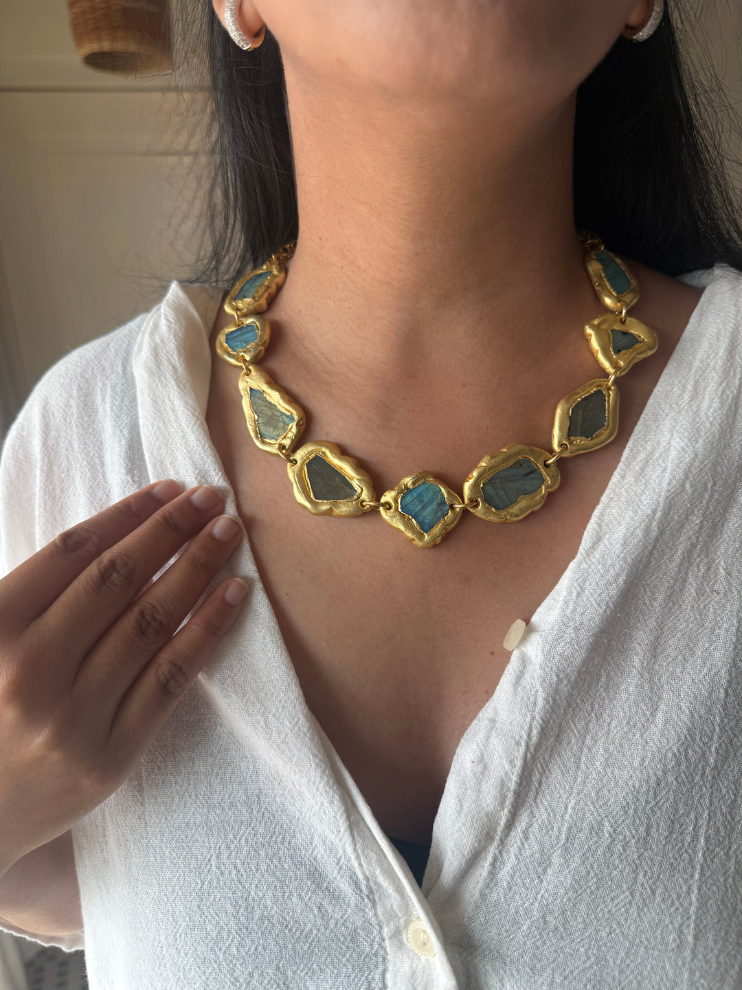Handmade Raw Labradorite Gold Embedded Necklace | Adjustable Lobster Claw Brass Statement Jewelry