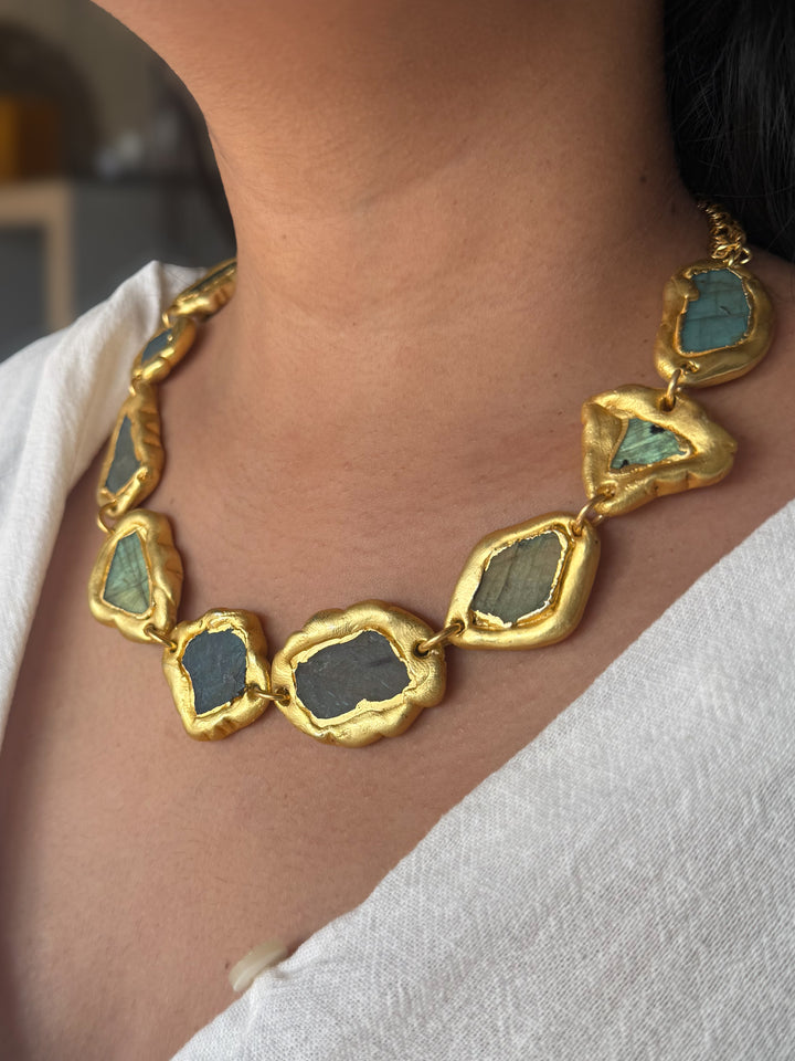 Handmade Raw Labradorite Gold Embedded Necklace | Adjustable Lobster Claw Brass Statement Jewelry