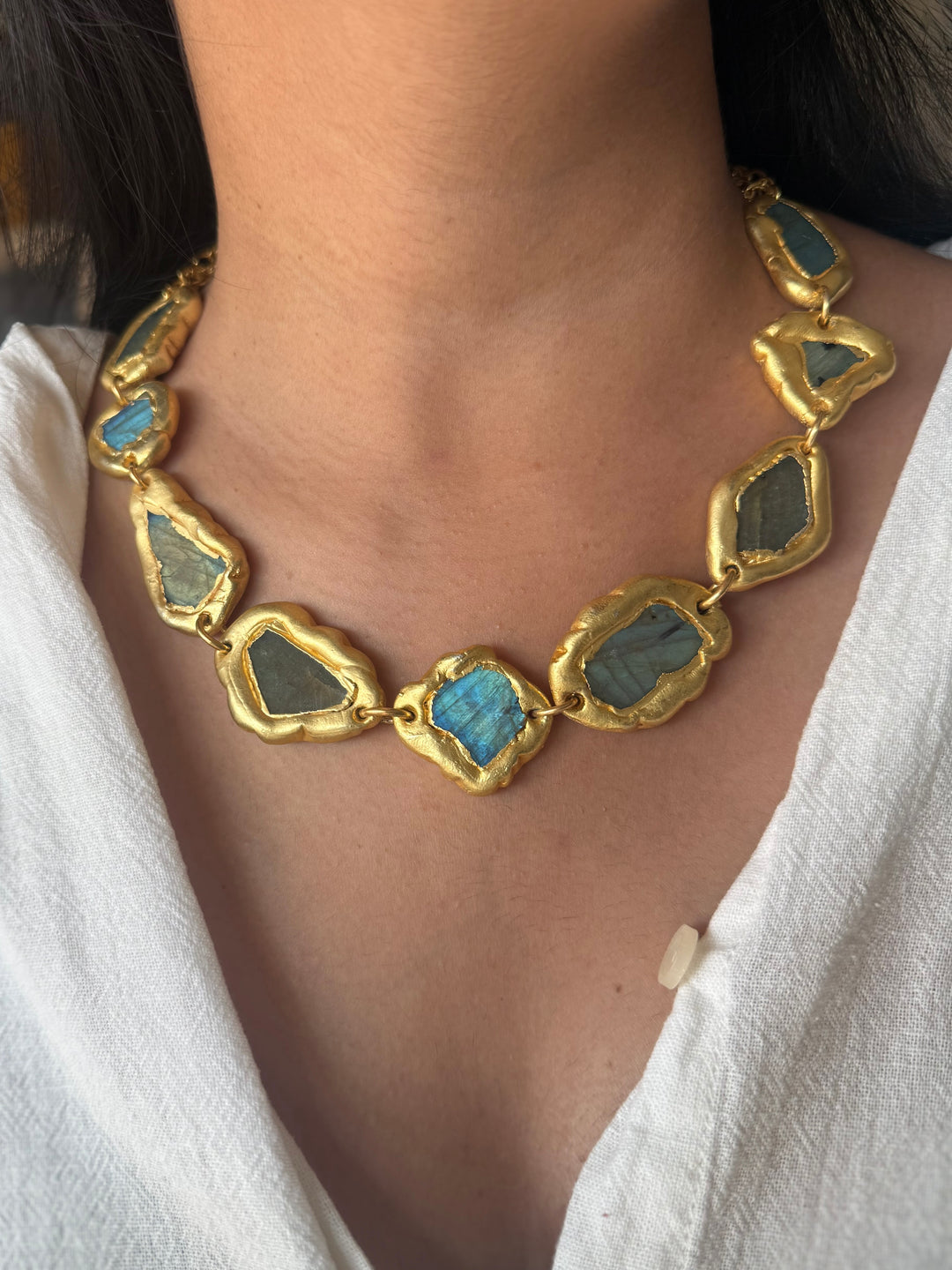Handmade Raw Labradorite Gold Embedded Necklace | Adjustable Lobster Claw Brass Statement Jewelry