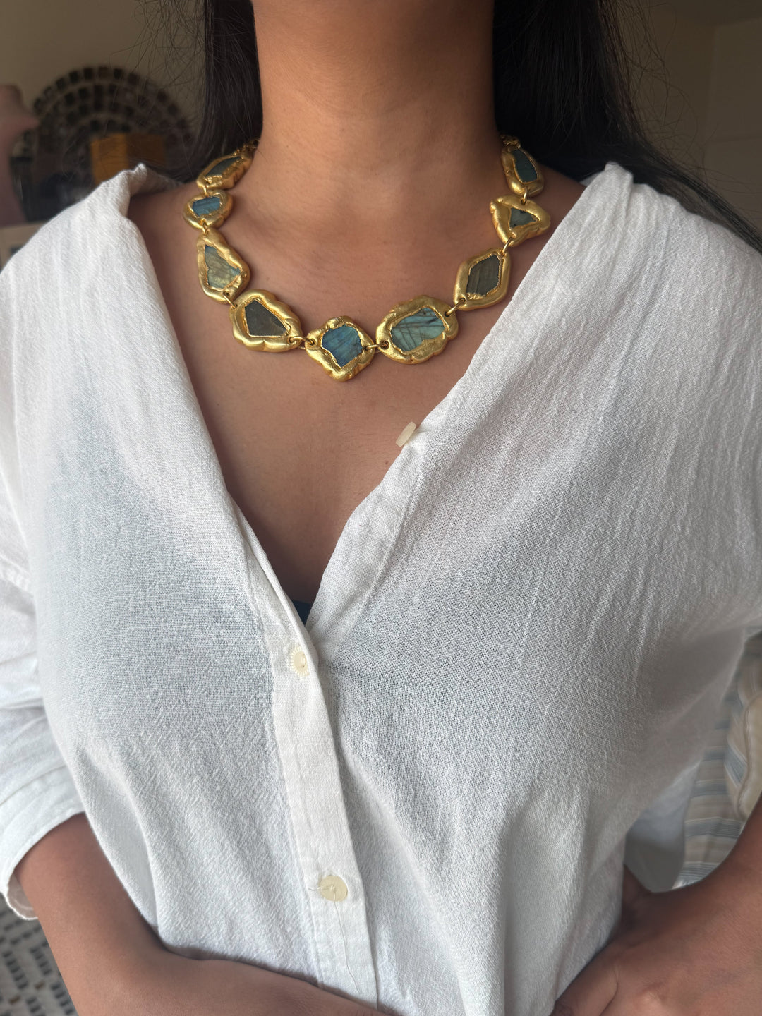 Handmade Raw Labradorite Gold Embedded Necklace | Adjustable Lobster Claw Brass Statement Jewelry