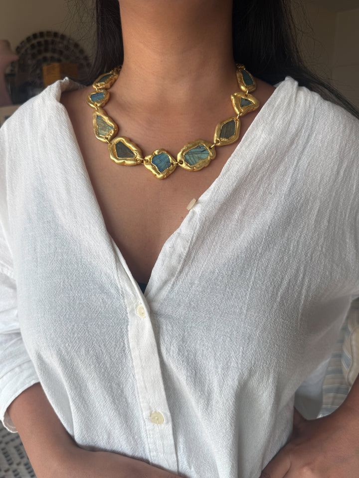 Handmade Raw Labradorite Gold Embedded Necklace | Adjustable Lobster Claw Brass Statement Jewelry