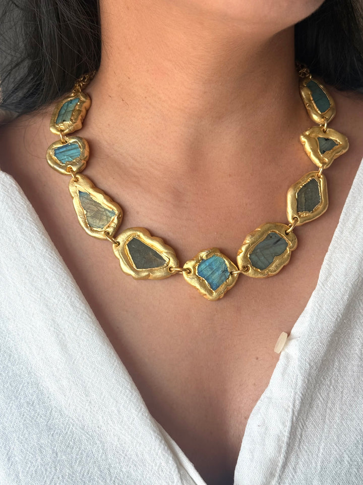 Handmade Raw Labradorite Gold Embedded Necklace | Adjustable Lobster Claw Brass Statement Jewelry