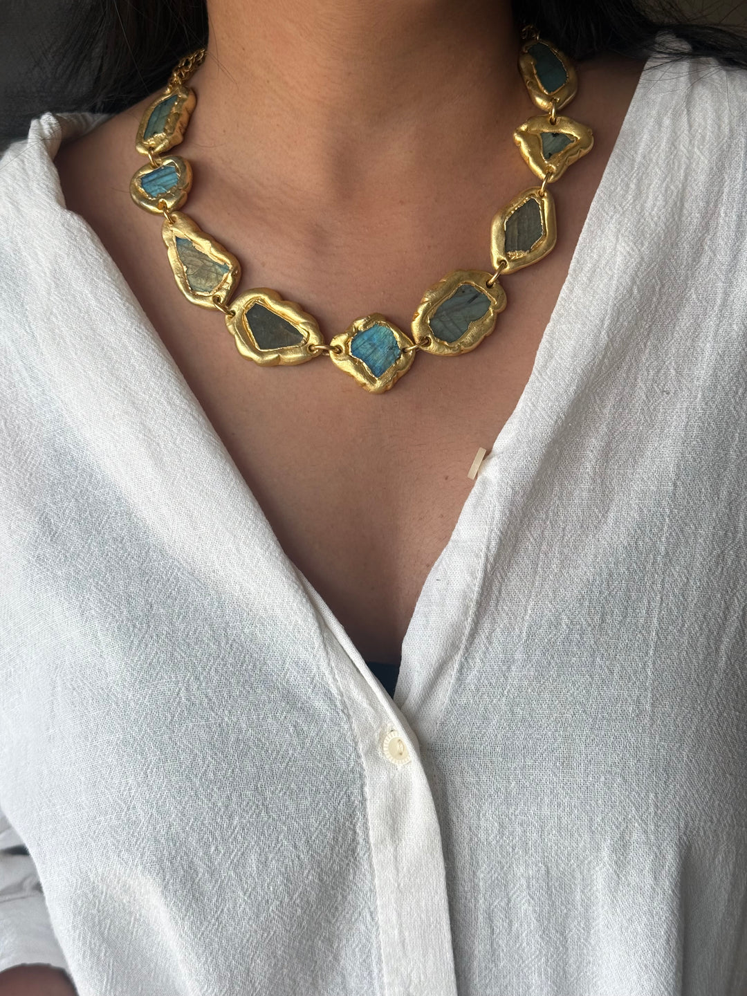 Handmade Raw Labradorite Gold Embedded Necklace | Adjustable Lobster Claw Brass Statement Jewelry