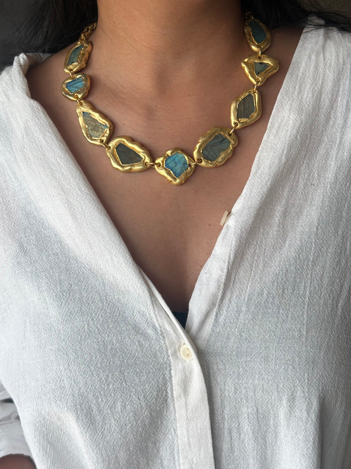 Handmade Raw Labradorite Gold Embedded Necklace | Adjustable Lobster Claw Brass Statement Jewelry