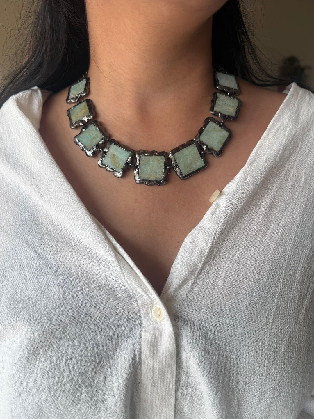 Handmade Raw Amazonite Rhodium Plated Necklace | Adjustable Lobster Claw Brass Statement Jewelry